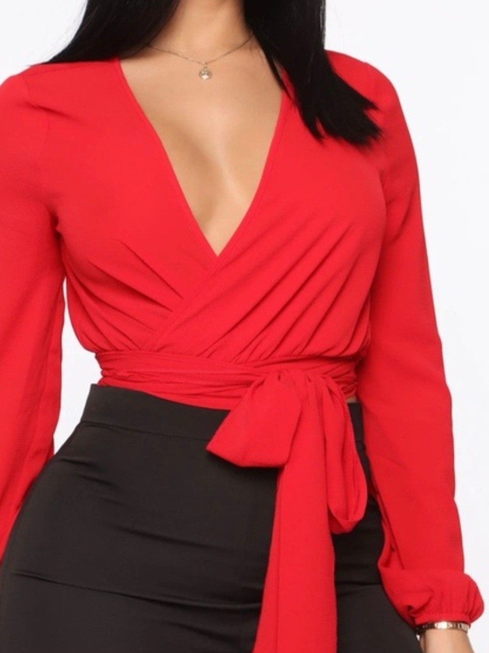 Fashion Nova Red Wrap V-Neck Tie-Waist Blouse
